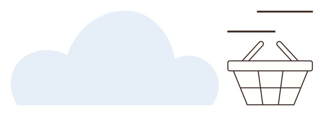 Cloud shape adjacent to a simplistic shopping basket design with motion lines. Ideal for digital commerce, online shopping, cloud technology, retail innovation, e-commerce, data services