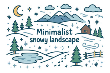 Fototapeta premium Minimalist Snowy Doodle. Minimalist snowy landscape. Hand-drawn doodle illustration of minimalist snowy