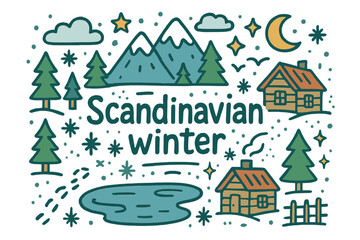 Fototapeta premium Scandinavian Winter Wonderland. Scandinavian winter. Hand-drawn doodle illustration of Scandinavian winter.
