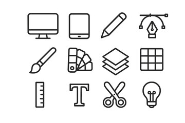 Obraz premium Design Tools Icons. Design studio essentials. Line outline icon set of design studio essentials: computer