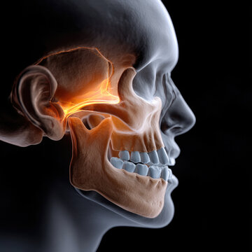 Side view human skull jawbone teeth anatomy medical illustration with highlighted temporomandibular joint structure