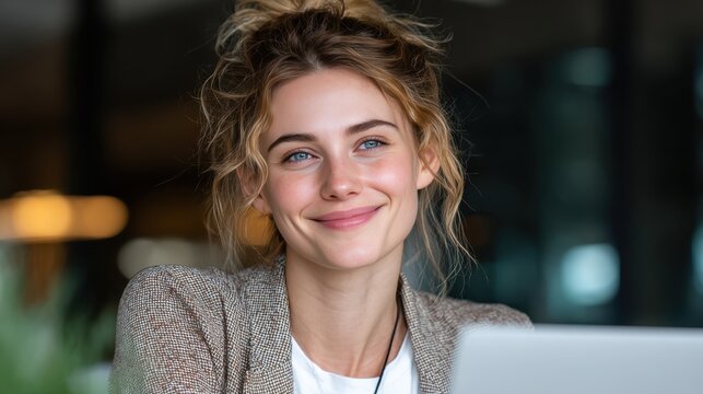 Young woman working at laptop in corporate office smiling and learning online, professional worker at desk using computer technology - Powered by Adobe