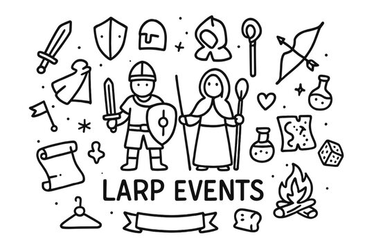 LARP Adventure Icons. LARP Events. Hand-drawn doodle illustration of LARP Events. In the middle, one slightly