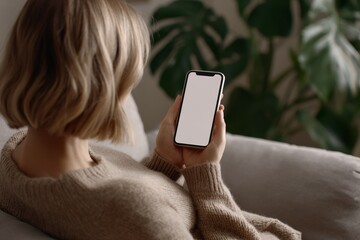 Woman holding a smartphone with a blank white screen, sitting on a sofa in a cozy interior setting. Casual adult model, back view, using a mobile phone app mockup.