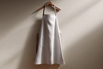 White apron mockup, hanging on a wooden hanger with brown leather straps against a smooth beige wall in soft sunlight. Blank apparel template, uniform design for a chef, cook, or barista.