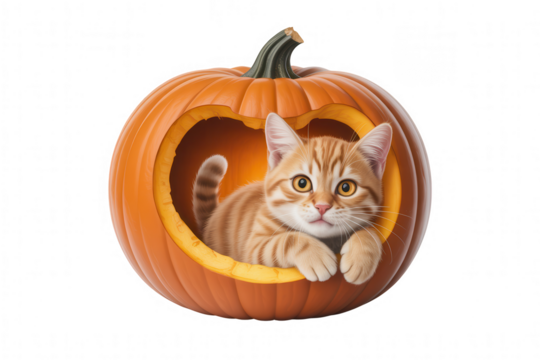 Orange tabby kitten peeking out of a carved pumpkin with heart-shaped opening transparent background - Powered by Adobe