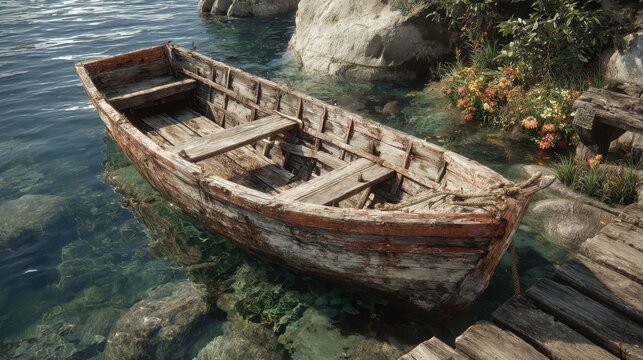 Rustic wooden rowboat gently sits in the clear waters of a serene Lake at the edge of a dock, under the bright sunlight - Powered by Adobe