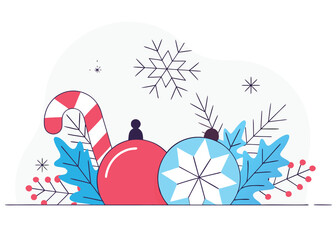 Festive holiday spirit with ornaments, candy cane, and winter foliage for stylish greeting card design or seasonal social media campaign promotion