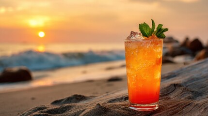 A colorful drink sits on the sand at a beach during sunset. Waves roll in as the sky changes color creating a peaceful and inviting atmosphere.