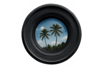 Camera lens reflecting tropical palm trees and blue sky, capturing vacation memories and travel photography concept