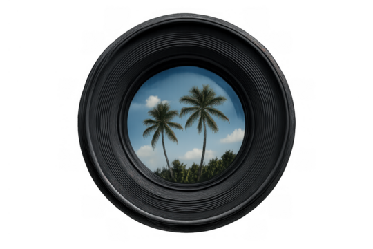 Camera lens reflecting tropical palm trees and blue sky, capturing vacation memories and travel photography concept