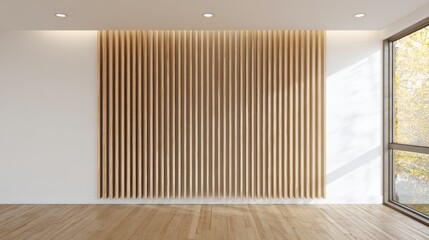 A large wall of wood grain with a window in the background. The room is empty and has a minimalist feel
