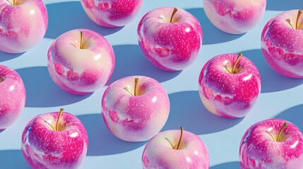 Pink apples arranged in a pattern on a pastel blue background, minimalist and isometric food concept