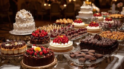 A table full of desserts including cakes, brownies, and other sweets. The desserts are arranged on platters and trays, and there are many different types of cakes