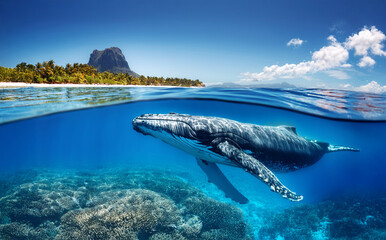 Indian Ocean, Mauritius Whale and humpback whale and vibrant coral reefs and sea Turtles. Mauritius island under waterfall, Mauritius undersea, Mauritius sea, humpback whale	