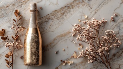 Champagne bottle and winter foliage artfully arranged on a flat marble surface in a high quality and realistic presentation