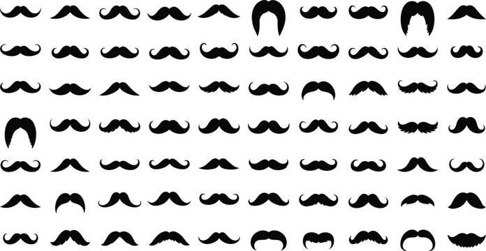 A diverse collection of black mustache silhouettes representing various historical styles