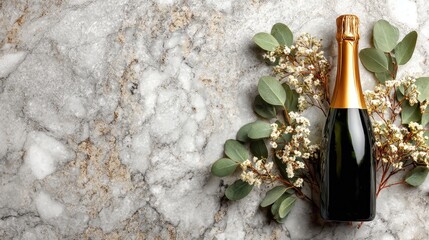 Champagne bottle and winter foliage artfully arranged on a flat marble surface in a high quality and realistic presentation