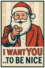 Vintage-style Santa Claus pointing directly at the viewer, wearing a red suit and hat, with a playful expression and retro poster design
