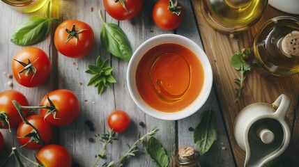 An appetizing composition: a mug of tomato soup, ripe tomatoes, herbs, spices and bottles of oil, neatly laid out on a light wooden surface.