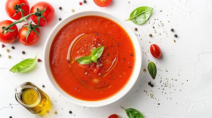 A bowl of vibrant tomato soup garnished with basil, surrounded by fresh tomatoes, olive oil, and spices on a clean white background.