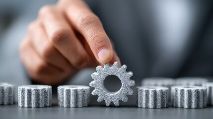 Businessman hand places gear in line, representing business strategy, problem solving and innovative solutions for efficient teamwork and quality improvement
