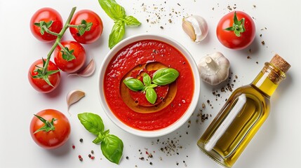 A vibrant bowl of tomato sauce surrounded by ripe tomatoes, basil leaves, garlic, spices, and olive oil on a clean white surface.