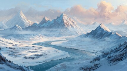 Obraz premium The scene captures a breathtaking winter landscape featuring snow capped mountains and a gently flowing river. The sky glows with warm hues as the sun sets behind the peaks.