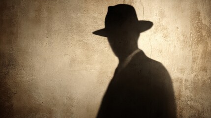 A mysterious figure wearing a fedora hat stands against a textured wall during dusk casting a dramatic shadow. The scene suggests an air of suspense and intrigue in a city environment.