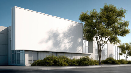 Large outdoor billboard on modern building with blank white space, green tree, clear sky, and sunlight creating calm urban scene