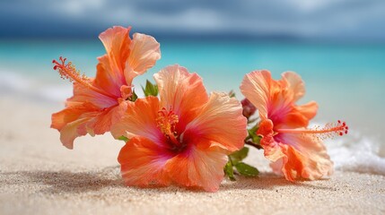 Bright orange hibiscus flowers rest on the soft sand of the beach with gentle waves lapping at the shore and a stunning turquoise ocean spreading out behind them.
