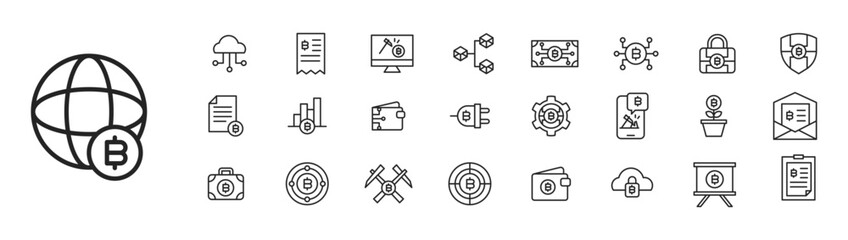 Icon Collection Cryptocurrency system include cloud security mining etc. Line or outline style symbol.