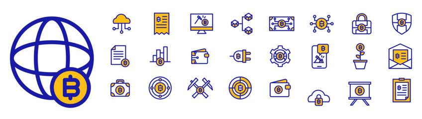 Icon Collection Cryptocurrency system include cloud security mining etc. Line Outline Fill Colours symbol.