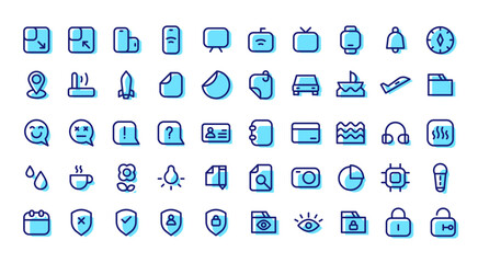 Icon Collection Essential UI Icon Set. Minimal Line Flat Colour Style Web and App Interface Icons. Line outline fill colours symbol.