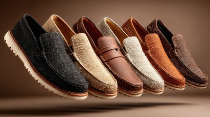 Creatively arranged footwear showcases a black slip-on, classic brown loafer, textured brown slip-on and brown leather shoe against a neutral backdrop