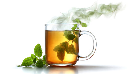 Isolated Mug of Steaming Hot Green Tea with Mint Leaves on White Background
