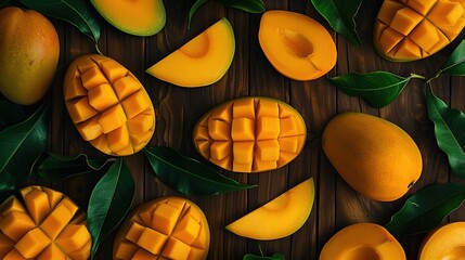 Top-view arrangement of whole and cut mangoes with leaves on a dark wooden surface, highlighting freshness, tropical flavor, and vibrant color.