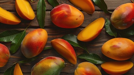 Top-view arrangement of whole and sliced ripe mangoes with green leaves on a wooden surface, highlighting freshness, summer flavor, and natural food.