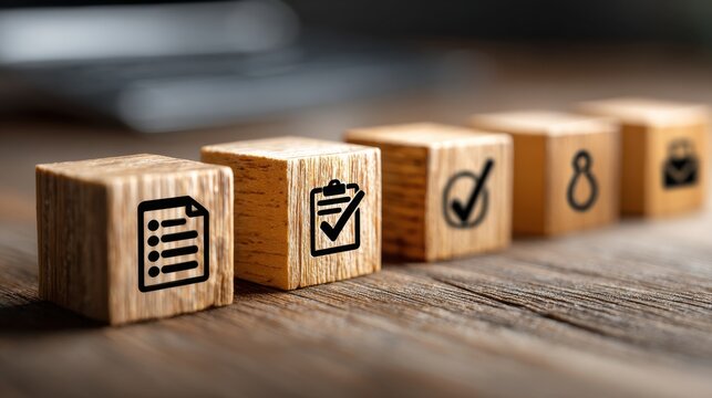 Digital document approval process shown through wooden blocks representing steps in a management system