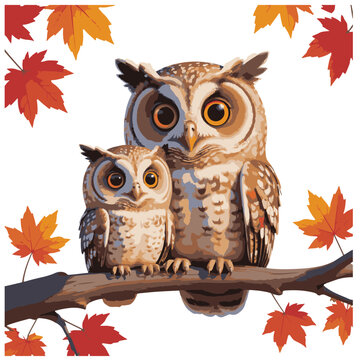 Two adorable cartoon owls perched on a branch surrounded by colorful autumn leaves, isolated on, creating a whimsical and seasonal scene