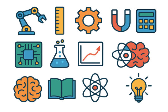 STEM Education Icons. STEM Learning flat icons: robot arm, ruler, gear, magnet, circuit board, chemistry flask, graph, calculator, brain, book, atom, light bulb.
