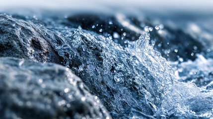 Dynamic splashing water flowing over textured rocks highlighting the refreshing movement of a natural stream in a serene outdoor environment