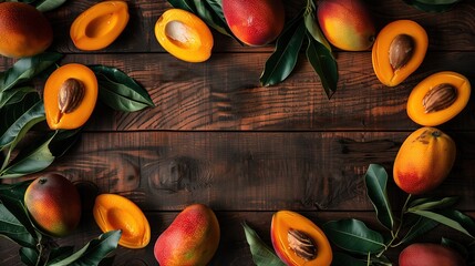 Top-view frame of whole and sliced ripe mangoes with green leaves on a rustic wooden table, highlighting tropical freshness and natural food appeal.