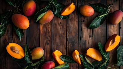 Whole and sliced mangoes with green leaves forming a circular border on rustic wood, emphasizing freshness, tropical flavor, and natural food aesthetics.