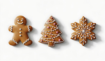 Gingerbread cookies shaped like a man, tree, and snowflake arranged on a white surface during the holiday season