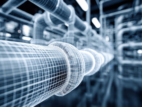 Digital 3d model overlay of industrial piping system highlighting engineering design and structural details in a modern manufacturing facility environment