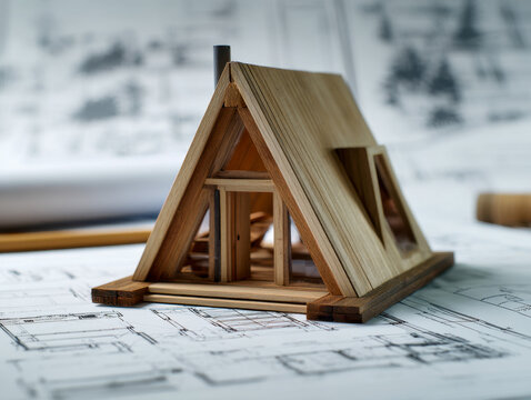 Architectural model of an A-frame cabin placed on detailed blueprints representing home design and construction planning concepts - Powered by Adobe