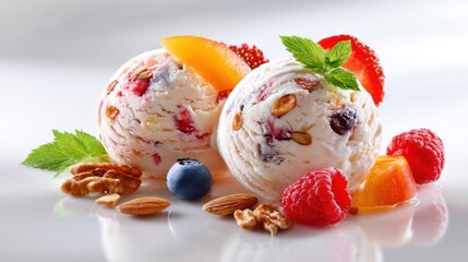 Two ice cream scoops with blueberries and raspberries on top. The ice cream is served on a white plate with nuts and fruit