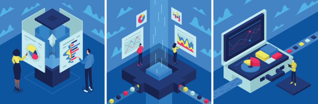 Business analysis set of isometric illustrations. Business concepts and tools. 3D statistical and marketing vector elements for web, presentation, infographics