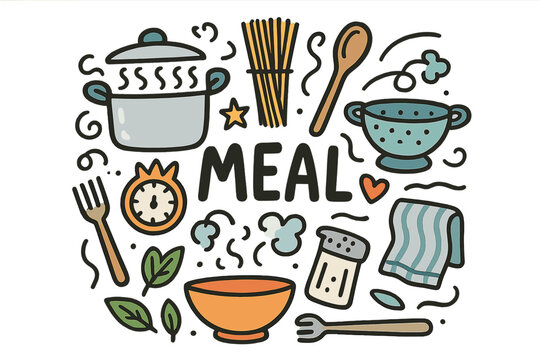 Playful Meal Prep Doodle. Meal preparation. Hand-drawn doodle illustration of meal preparation. Pot, spaghetti